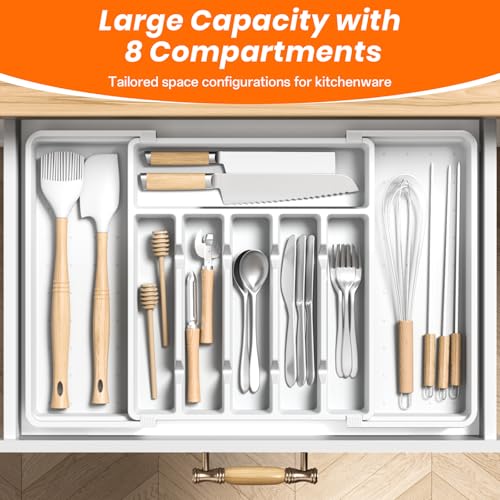 RoomHacks Large Silverware Organizer,Expandable Utensil Drawer Organizer,BPA Free Utensil Holder,Adjustable Silverware Tray Cutlery Drawer Organizer for Kitchen Flatware,Large,White (6-8 Slots) - color: White
