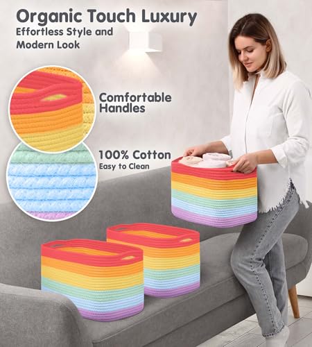 CHAT BLANC Cotton Rope Baskets for Organizing, Shelves, Toys, Storage, Shoe, Bathroom, Laundry, Towel, Nursery, Home Decor, Blanket, Cloth Woven Bins Fabric (Rainbow, 15"x10"x9") - color: Rainbow, size: 3 PACK | Medium | 15"x10"x9"