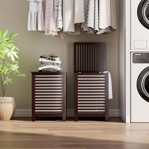SMIBUY Double Laundry Hamper with Lid, 120L Bamboo Laundry Basket with Removable Liner Bag, 2-Section Clothes Divider Laundry Sorter for Laundry Room, Bathroom, Bedroom (Dark Brown) - color: Brown
