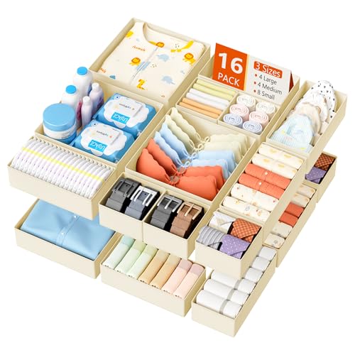 DIMJ Drawer Organizer Clothes - 16 Pack Baby Dresser Organizer for Nursery, Foldable Drawer Organizer Bins for Closet Bedroom Organization, Fabric Clothes Storage Dividers for Underwears, Socks, Bras - color: Beige, size: 16 Pack