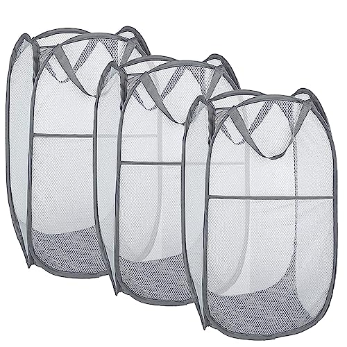 Larpur Pack of 3 Pop up Laundry Hampers, Collapsible Laundry Baskets, Portable Mesh Clothes Hampers for Home Room, College Dorm, Apartment, Foldable Hamper with Carry Handles, Gray - color: 3*Grey