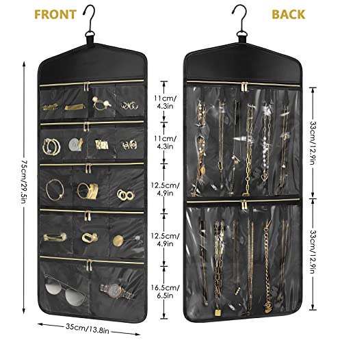 CHICECO Travel Jewelry Holder Organizer,Hanging Jewelry Organizer Storage with Zippered Pockets for Cloest,Jewelry Holder for Earrings, Necklaces（Black） - color: Black