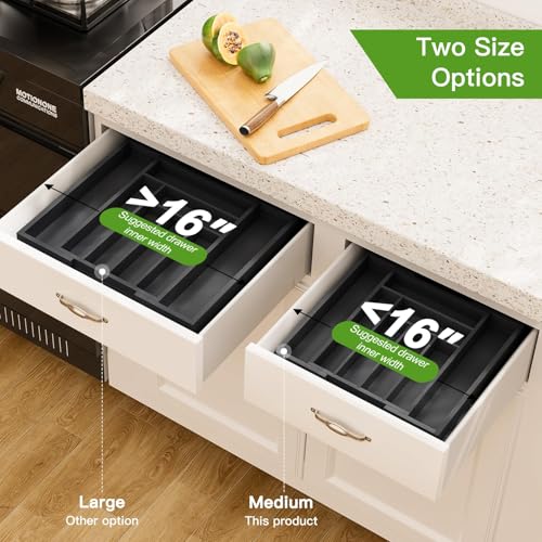 Pipishell Bamboo Expandable Drawer Organizer for Utensils Holder, Adjustable Cutlery Tray, Wood Drawer Dividers Organizer for Silverware, Flatware, Knives in Kitchen, Bedroom, Living Room(M-Black) - color: Black, size: Medium