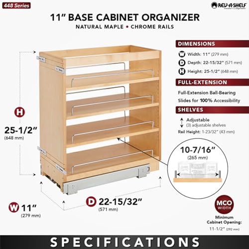 Rev-A-Shelf 11" Pullout Kitchen Cabinet Storage Organizer Slide Out Pantry Spice Rack with Adjustable Shelves for 11.5" W Cabinet Opening, 448-BC-11C - size: 11"W"