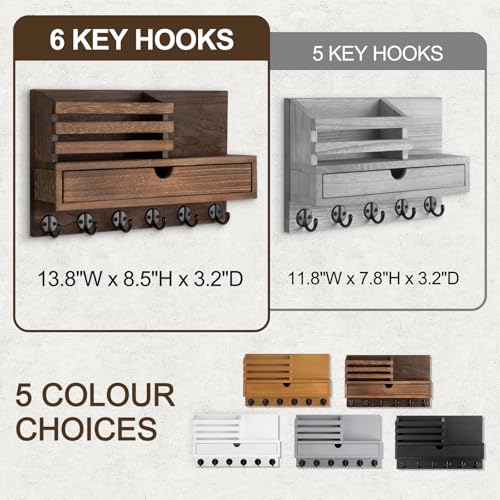 Key Holder Wall Mount, Mail Holder with Storage Drawer and 6 Key Hooks for Coat, Dog Leash, Home Decor Rack, House Accessories, Entry Way Organizer - color: Brown, size: Large - 13.8 Inch