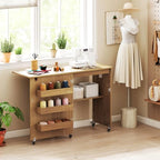 Giantex Folding Sewing Table with Charging Station, Rolling Craft Table with Storage Trays & Shelf, Foldable Sewing Machine Cabinet Desk with Lockable Wheels for Small Spaces (Natural) - color: Natural