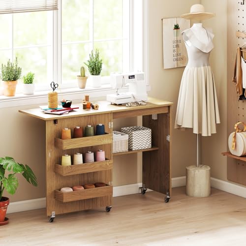 Giantex Folding Sewing Table with Charging Station, Rolling Craft Table with Storage Trays & Shelf, Foldable Sewing Machine Cabinet Desk with Lockable Wheels for Small Spaces (Natural) - color: Natural