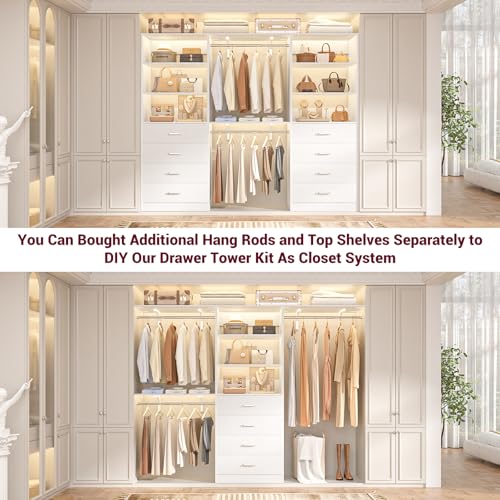 Aheaplus Closet Drawers System, 21.3" Wood Closet Organizer System with 4 Drawers, Modular Walk-in Closet System Storage Unit, Small Closets Wardrobe Rack, Tall Storage Cabinet Unit, White - color: White