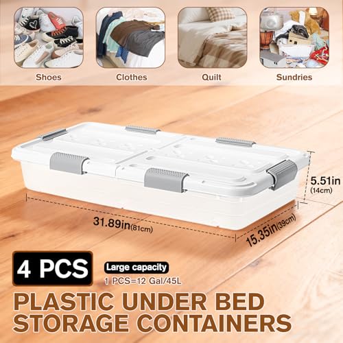 4 PCS*49 Qt Wheeled Latching Under Bed Storage, Double Opening Lids Stackable Bin with Latch Lid, Plastic Container to Organize Shoes Underbed, Clear with White Lid(White) - size: 37Quart*4PC