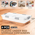 4 PCS*49 Qt Wheeled Latching Under Bed Storage, Double Opening Lids Stackable Bin with Latch Lid, Plastic Container to Organize Shoes Underbed, Clear with White Lid(White) - size: 37Quart*4PC
