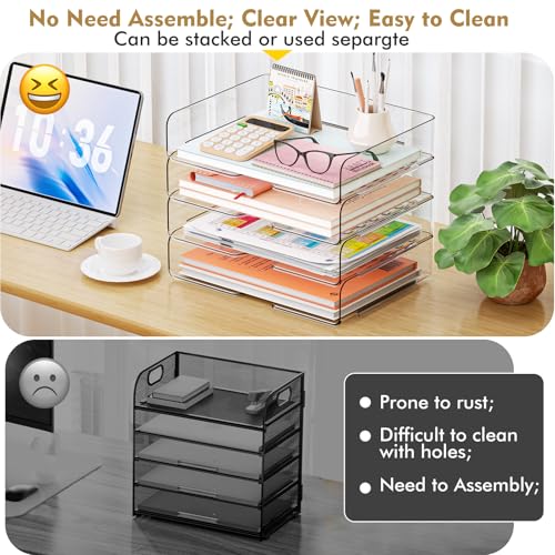 YKLSLH 4 Trays Paper Organizer Letter Tray - Acrylic Desk File Organizer, Stackable Clear Paper Holder Sorter Office Organizer for Letter/A4, Office File Ipad Books Notes Etc - color: 4 Tier-horizontal