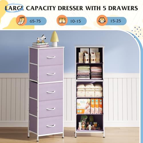 WLIVE Fabric Dresser, 5-Drawer Tall Dressers for Bedroom, Storage Dresser Organizer with Fabric Bins, Wood Top, Sturdy Steel Frame, Chest of Drawers for Closet, Hallway, Purple - color: Purple