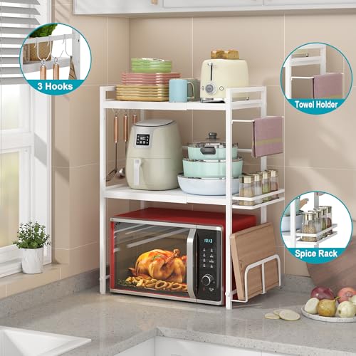 DOLALIKE Microwave Oven Rack, Expandable Microwave Stand Kitchen Countertop Organizer Utensils Storage, Carbon Steel Over Microwave Shelf with 3 Hooks (White, 3 Tier- With Storage) - color: White, size: 3 Tier (With Spice Rack)
