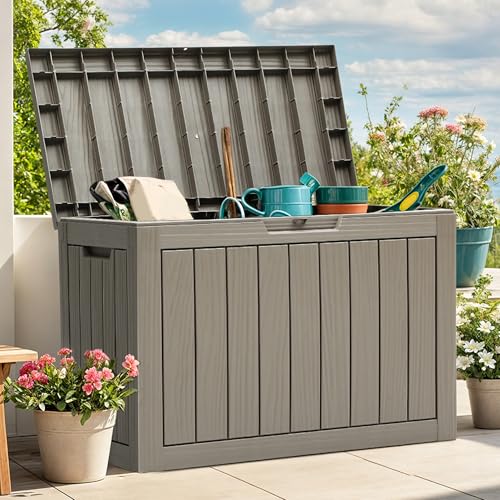 YITAHOME Outdoor Storage Box, 45 Gallon Waterproof Resin Deck Box, Lockable Organizer for Patio, Poolside, Deck, Cushions, Throw Pillows, Garden Tools, Brown - color: Taupe, size: 45 Gallon, style: Deck Box