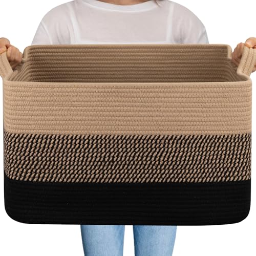 OIAHOMY Large Blanket Basket, 65L Cotton Rope Woven Laundry Basket, Toy Bin for Baby Room, Container for Blanket Storage in Living Room, 20''×16''×12'', Brown & Black - color: Brown & Black, size: 65L