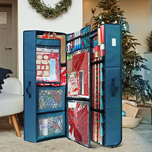 Hearth & Harbor Wrapping Paper Storage Container with Ribbon Dispenser and Interior Pockets - Large Christmas Storage Containers with Wheels, Fits 30 Rolls of 40" Length, Blue - color: Blue, size: Extra Large