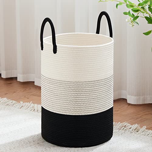VIPOSCO Large Laundry Hamper, Tall Woven Rope Storage Basket for Blanket, Toys, Dirty Clothes in Living Room, Bathroom, Bedroom - 58L White & Black - color: White & Black, size: 58L