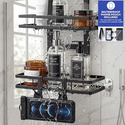 Over the Door Shower Caddy Hanging, Rustproof Shower Shelves with Waterproof Phone Pouch, 2-Tier Adjustable Bathroom Organizers and Storage, No Drilling Shower Shelf, Black Shampoo Soap Holder - size: 2 Tier