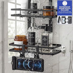 Over the Door Shower Caddy Hanging, Rustproof Shower Shelves with Waterproof Phone Pouch, 3-Tier Adjustable Bathroom Organizers and Storage, No Drilling Shower Shelf, Black Shampoo Soap Holder - size: 3 Tier