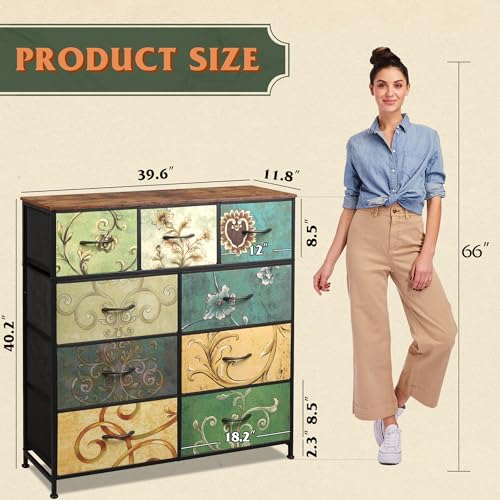 WLIVE 9-Drawer Dresser, Fabric Storage Tower for Bedroom, Hallway, Entryway, Closet, Tall Chest Organizer Unit with Fabric Bins, Steel Frame, Wood Top, Easy Pull Handle, Floral Painted - color: Floral Painted