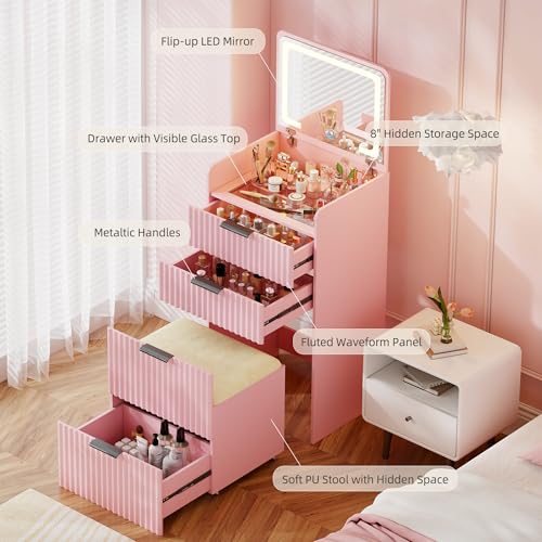 Gurexl Fluted Small Vanity Desk with Mirror and Lights, 3-in-1 Compact Makeup Vanity Set with Hidden Storage Stool, Mini Dressing Table with 3 Drawers for Little Girls (Pink) - color: Pink