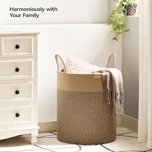 Nunsino Laundry Hamper 62L,Large Laundry Basket for Clothes,Decorative Storage Basket for Blankets,Cotton Rope Woven basket for bedroom,Dark Brown - color: Dark&Brown, size: 62L/16.3Gal