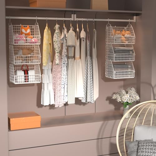 PUPPYCUTE Hanging Closet Organizer and Storage, Clothes Hanging Shelves Wire Baskets for Clothing Sweaters Purse Handbags Shoes White 3 Tier - size: For closet-3 pcs