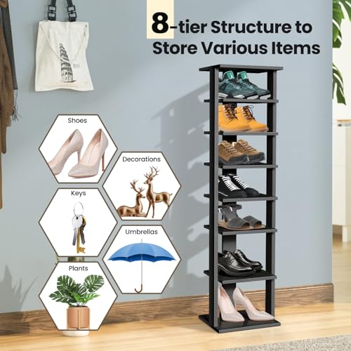 COSTWAY 8-Tier Vertical Shoe Rack, Tall Narrow Shoe Storage Organizer with Removable Shelf for Boots, Anti-Tipping Kit, Space-Saving Shoe Stand with for Small Place, Entryway (Black) - color: Black