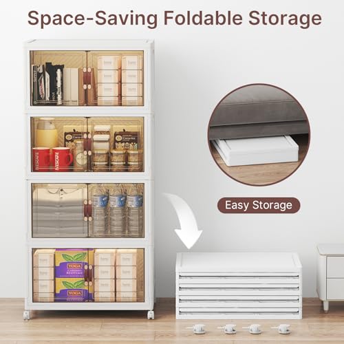 UAMFURI Stackable Storage Bins with Lids, 192QT Closet Organizers, Lockable Storage Cabinet，Foldable Storage Box with Doors and Wheels, Plastic Drawers for Home, Garage, Office (4, White, Medium) - color: White, size: Medium