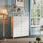 WLIVE Fabric Dresser for Bedroom with Open Shelves, Tall White Dressers with 8 Drawers, Storage Tower with Fabric Bins, Chest of Drawers for Closet, Hallway - color: White, style: Raised Shelves