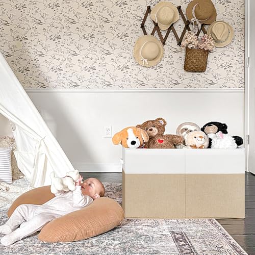 INDRESSME Large Toy Box with Lid, Collapsible Toy Storage Organizer Chest with Divider, Foldable Toy Bin for Kids Boys Girls Playroom Nursery Bedroom Living Room 25"x16"x13" (Beige & White) - color: Beige & White, size: 25"x13"x16"