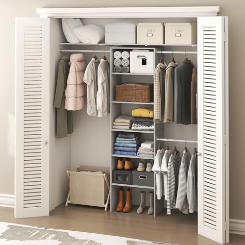 Furinno FANO Closet Organizers and Storage, 5-Tier Wide Closet Storage Organizer with 3 Hanging Bars and Adjustable Shelf, Wardrobe Closet Shelf Tower, 14.8 x 23.6 x 82.1 for Wardrobe, Bedroom, White - color: White, size: 3-Hanging-Bar, 23.6" Wide Shelf