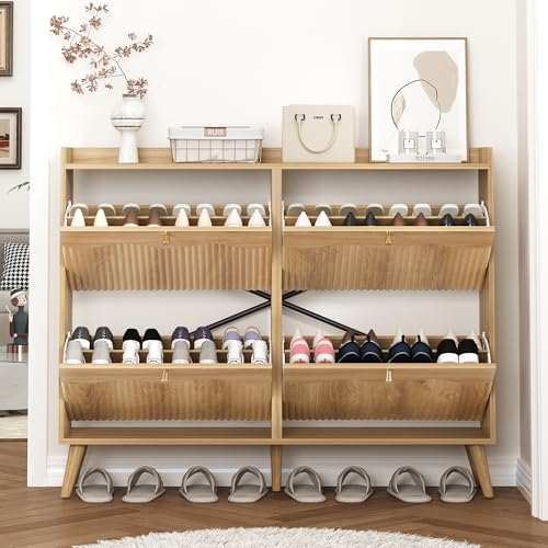 Bifins Shoe Storage Cabinet with 4 Wavy Fluted Flip Drawers, Modern 47.2” Wide Hidden Narrow Shoe Rack Cabinet for Entryway Foyer Hallway (Natural Oak 4 Drawer) - color: Natural Oak 4 Drawer