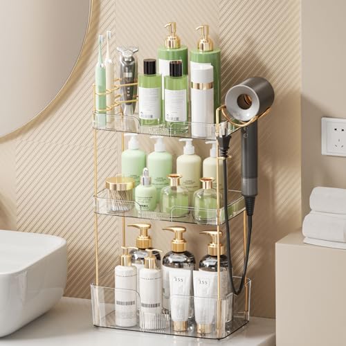 Bathroom Counter Organizer for Vanity, Makeup Organizer Countertop with Holder, Large Capacity Storage Rack, Perfect Large Skincare, Hair Care, Perfume, Easy to Install (Clear, 3Tiers) - color: Clear, size: 3 Tiers