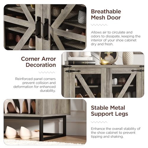 Maupvit 42.1" Farmhouse Shoe Cabinet with Ventilated Mesh Doors, 6-Tier Shoe Storage Cabinet with Adjustable Shelves & Metal Legs, Rustic Wooden Shoe Rack Organizer for Entryway, Hallway, Foyer, Grey - color: Grey