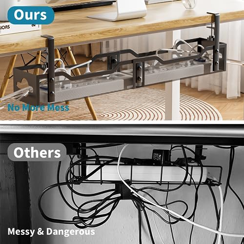Under Desk Cable Management Tray Black, Litwaro Cable Management Under Desk No Drill, 25'' Cable Tray with Clamp for Wire Management, Cord Organizer for Office, Home - No Damage to Table - color: Black, size: 25"