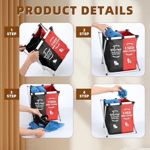 Wonderjune Foldable Disposable Shoe Cover Box Dispenser Fabric Storage Bin Holder with Used Shoe Covers and Welcome Please or Remove Sign for Open House Supplies(Black, Red) - color: Black, Red
