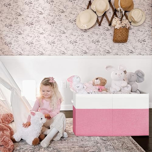 INDRESSME 25"x13"x16" Large Toy Storage Box with Lid, Collapsible Storage Organizer Baby Toy Storage for Kids Boys Girls, Toy Bin Organizer for Nursery, Bedroom, Living Room (Pink & White) - color: Pink & White, size: 25"x13"x16"