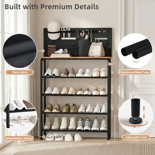 STORAGE MANIAC 5 Tier Shoe Rack for Entryway, Metal Shoe Shelf with Storage Pocket and MDF Top Board, 16-20 Pairs Free Standing Shoes Organizer for Closet, Black