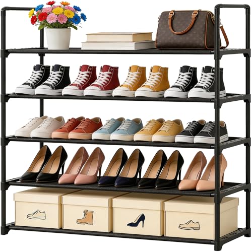 5 Tier Shoe Rack Large Capacity, 34.3" Wide Adjustable Shoe Organizer for 20-25 Pairs, Sturdy Non-Woven Shoe Rack Shelf Multi-Purpose Storage Unit for Closet, Hallway, Entryway,Garage,Black - size: 5-Tier(Black)-34.3"W