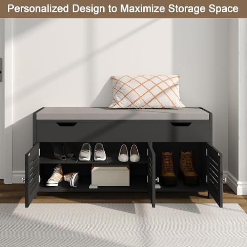 ChooChoo 41.3" Shoe Storage Bench with Lift Top Storage, Entryway Bench with Cushioned Seat, Adjustable Shelf, Shoe Cabinet with Hidden Space, for Entryway, Bedroom, Living Room, Black - color: Black, size: 13.78"D x 41.34"W x 19.69"H