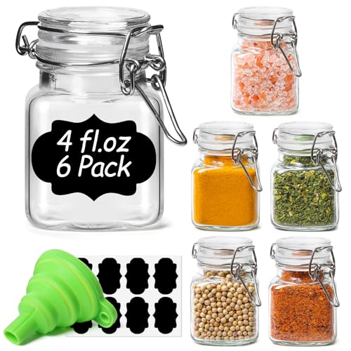 ComSaf Set of 6 Square Glass Spice Jars with Airtight Lids (4 Oz), Mini Favor Jars with Wire Clamp for Honey, Herbs & Farmhouse Kitchen Pantry Organization, with Funnel & Labels - size: 4oz*6