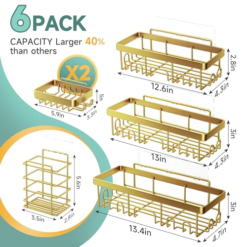 Veken Adhesive Shower Caddy 6-Pack,Gifts for Women Mom,Heavy Weight Bearing,Large Wall Mounted Bathroom Shelves Rack,Organizer Storage Accessories with Soap Dish&Toothbrush Holder,Bright Gold - color: F. Bright Gold