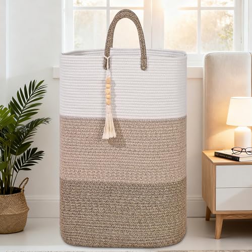 Woven Laundry Basket for Clothes,65 L Large Rectangle Laundry Hampers with Beads Tassel, Nursery Storage Basket for Toys, Tall Dirty Clothes Hamper for Bedroom Aesthetic, Laundry Room Organization - color: Gradient Brown, size: 65L