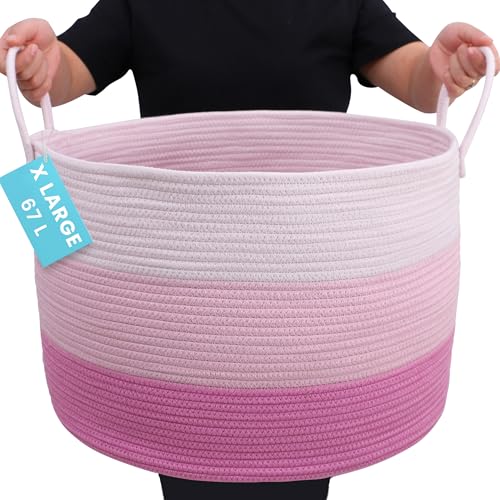 OrganiHaus Large Woven Storage Basket for Blankets and Toys 20" x 13" Inch, Rope Laundry Basket with Handles, Cushions & Pillows Storage Bin, Nursery Hamper, Soft Round Dog Toy Bin - Pink - color: 3-toned Pink, size: Wide