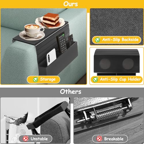 Couch Cup Holder Tray,Sofa Armrest Organizer with Cup Holder, No-Slip Couch Caddy with 2 Side Storage Pockets,Foldable Table Tray,Sofa Table Organizer for Drinks,Cellphone,Remote Control