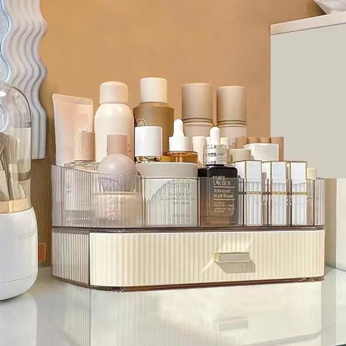 MIUOPUR Makeup Organizer with Stackable Drawers, Bathroom Vanity Organizers and Storage, Ideal for Desk and Dresser Countertops, Great for Cosmetics, Skincare, Lipsticks, Nail Care - Cream - color: Cream, size: Tray and Drawer