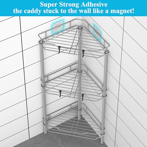 HuggieGems 3 Tier Floor Standing Corner Shower Caddy Organizer Shelf with Hooks, Bathroom Shelves Stand Rack, Gray - color: Gray, size: 3 Tier