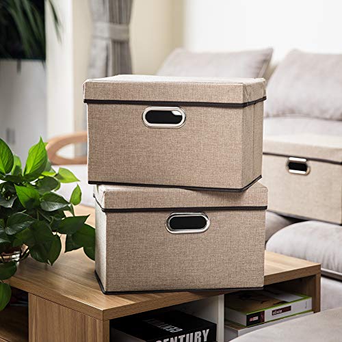 PRANDOM Collapsible Storage Cubes with Lids [3-Pack] Jute Fabric Foldable Storage Boxes Organizer Containers Baskets Bins with Cover for Home Bedroom Closet Office Nursery (14.9x9.8x9.8) - color: Khaki, size: M(3-Pack)