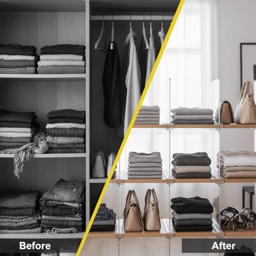 HIGH & SKY 8 Pack Acrylic Shelf Dividers for Closet Organization – Clear Adjustable Closet Shelf Separators for Clothes, Handbags & Towels – Durable Acrylic Shelf Dividers for Neat Shelves & Storage